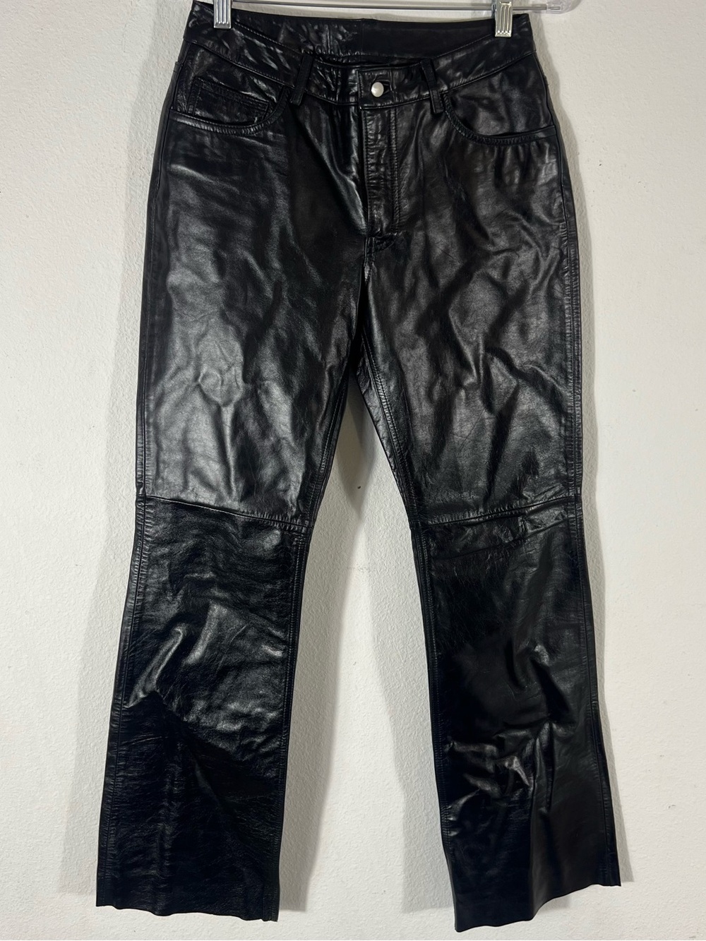 Vintage Y2K Express World Brand Genuine Black Leather Pants Moto Flare 90s 2000s